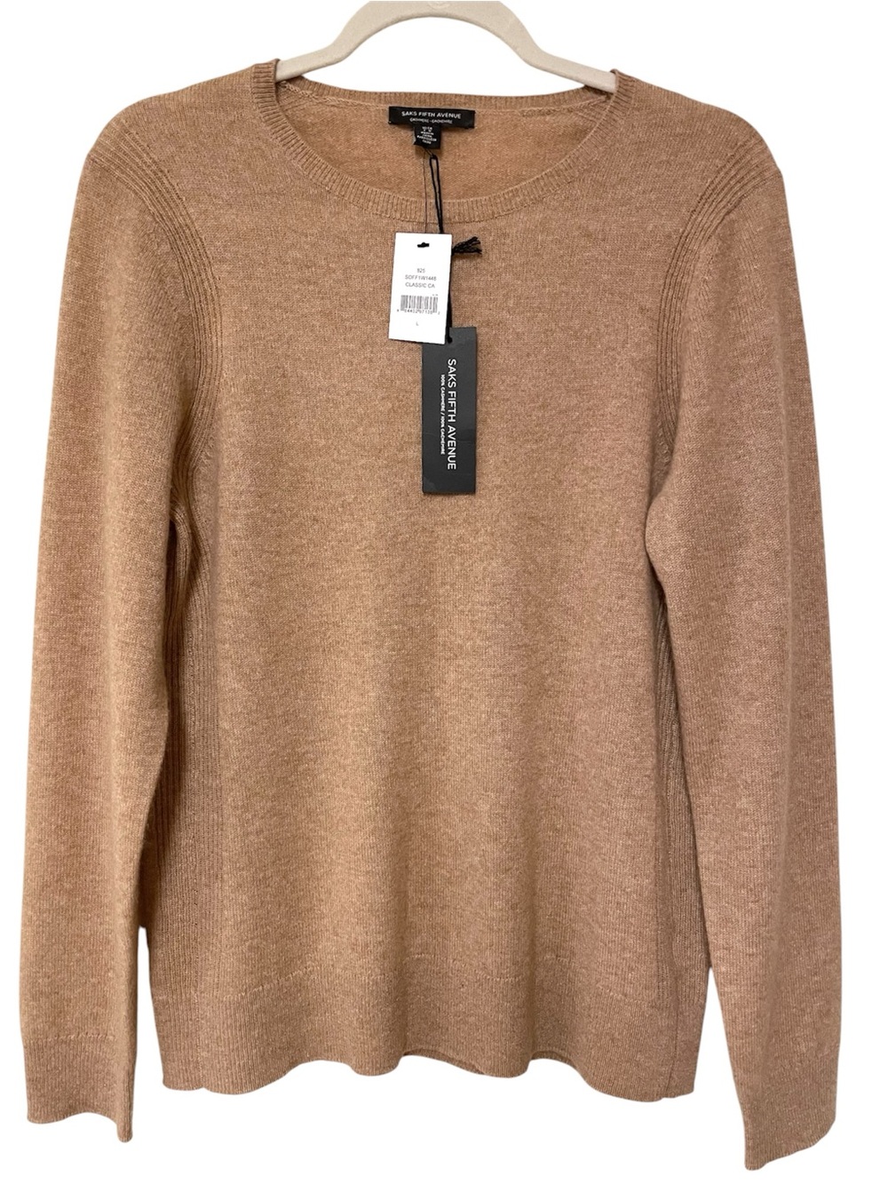 NEW Saks Fifth Avenue Cashmere Crewneck Sweater L Camel Tan Minimalist Luxury